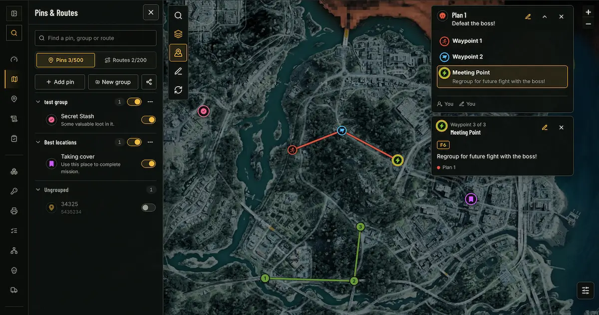 Personal tactical map with custom pins and routes on DMZHUB