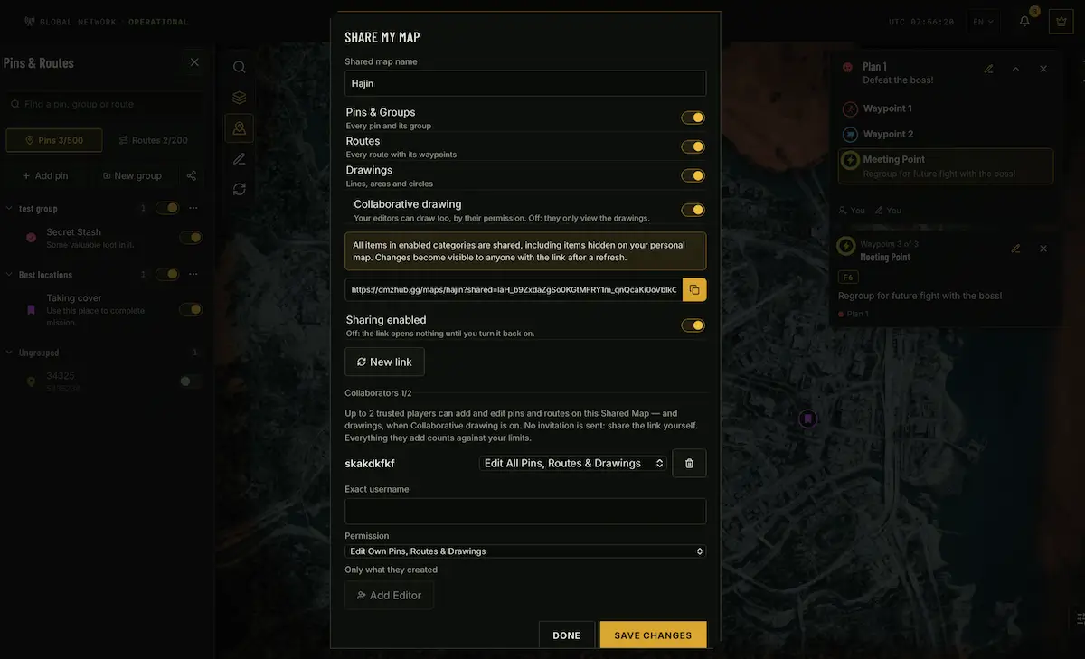 DMZHUB sharing options for custom maps, routes and markers