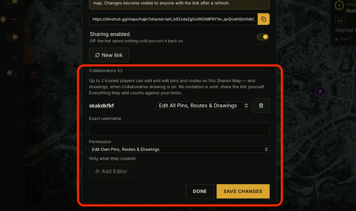 Squad collaboration permissions on a DMZHUB shared map